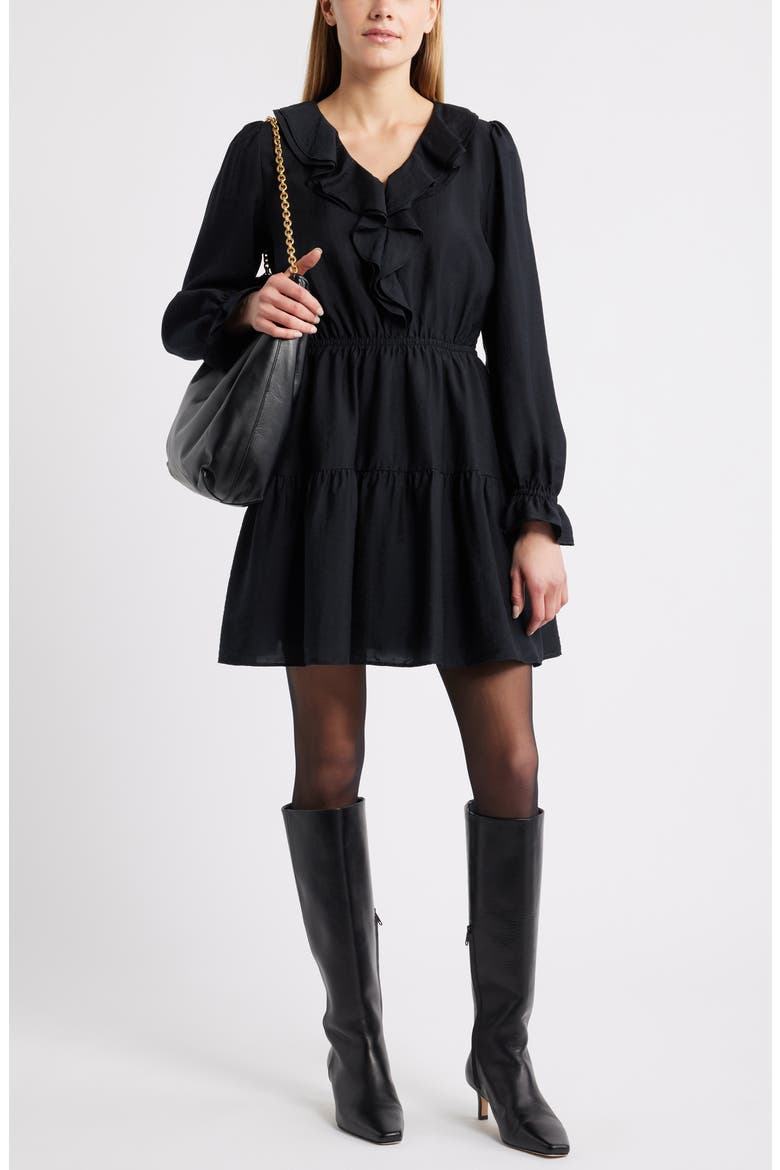 Ruffle Long Sleeve Tiered Minidress, Alternate, color, BLACK