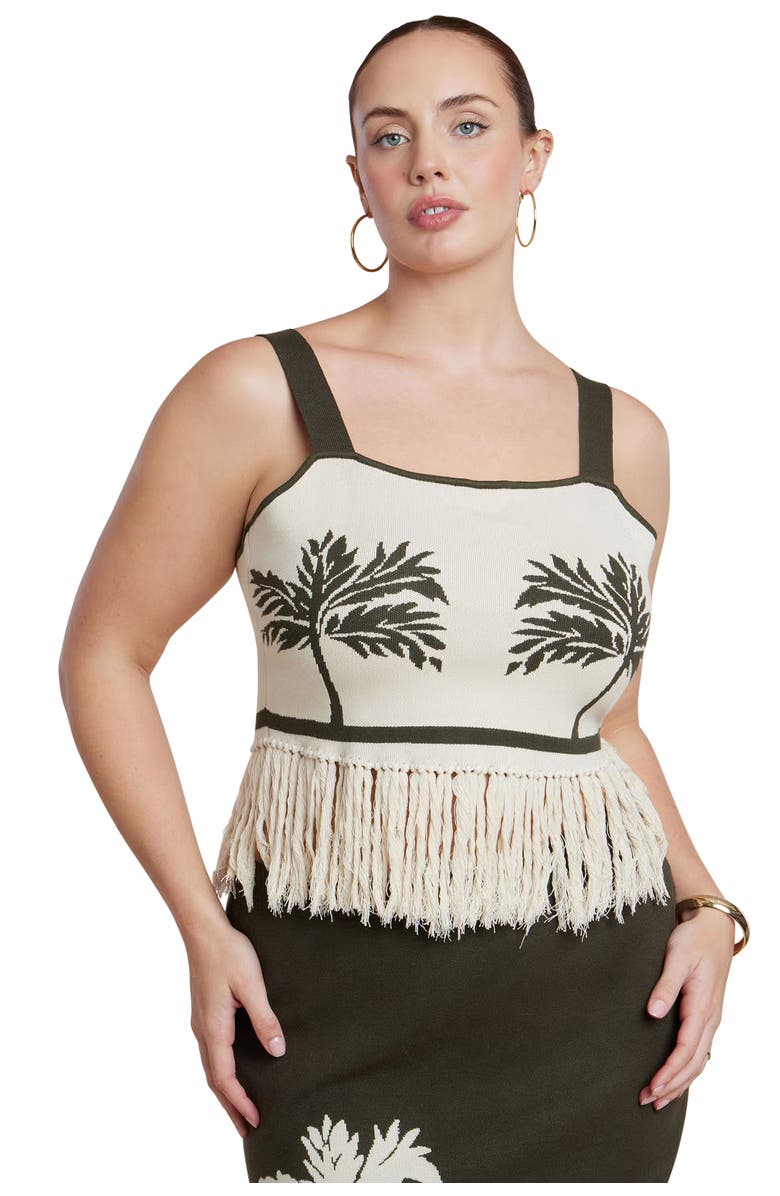 ELOQUII Fringe Crop Top, Main, color, Trio Palm Olive
