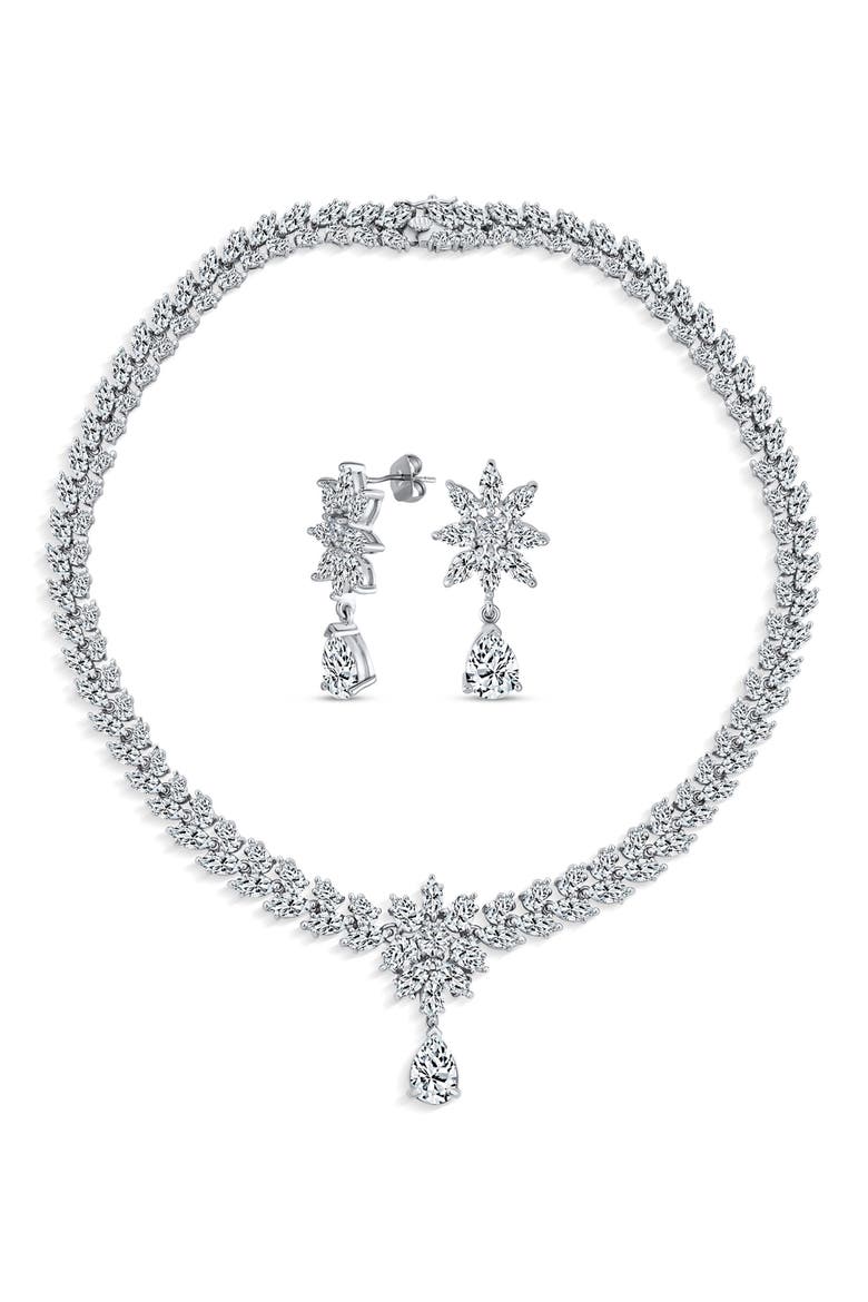 Sterling Silver Bridal Floral CZ Collar Necklace & Earrings Set, Main, color, CLEAR