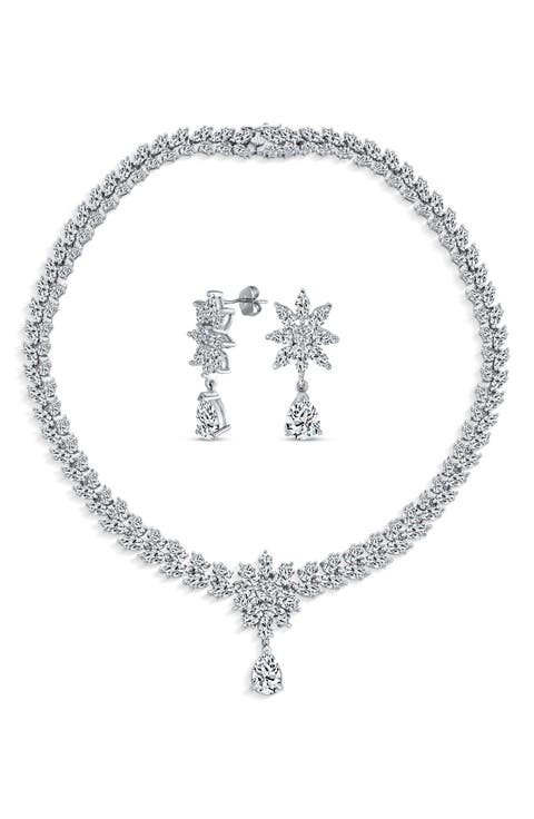 Sterling Silver Bridal Floral CZ Collar Necklace & Earrings Set