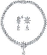 BLING JEWELRY Sterling Silver Bridal Floral CZ Collar Necklace & Earrings Set