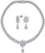 BLING JEWELRY Sterling Silver Bridal Floral CZ Collar Necklace & Earrings Set