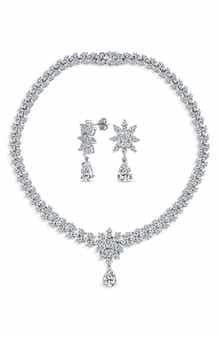 BLING JEWELRY Sterling Silver Bridal Floral CZ Collar Necklace & Earrings Set