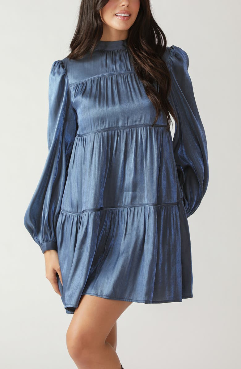 FLYING TOMATO Long Sleeve Tiered Satin Minidress, Alternate, color, Blue