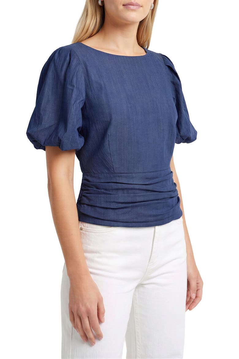 Ruched Waist Puff Sleeve Top, Alternate, color, WAGON WASH