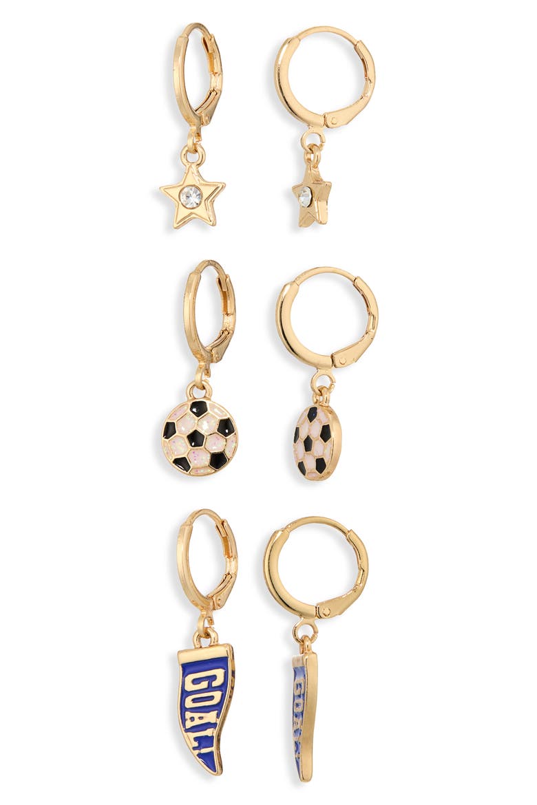 Set of 3 Soccer Charm Hoop Earrings, Main, color, BLACK MULTI- GOLD