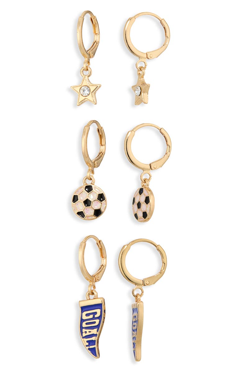Leith Set of 3 Soccer Charm Hoop Earrings, Main, color, Black Multi- Gold