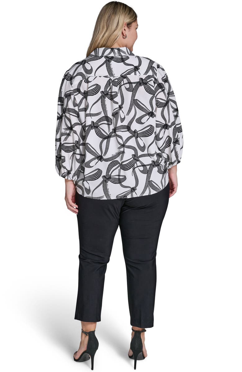 KARL LAGERFELD PARIS Bow Print Crepe Button-Up Shirt, Alternate, color, Soft White/ Black Multi