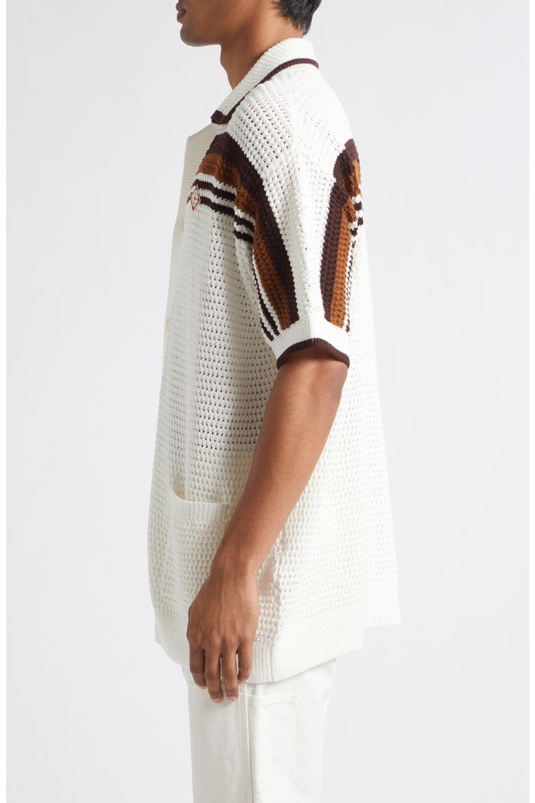 Tennis Stripe Short Sleeve Crochet Button-Up Shirt, Alternate, color, COTTON