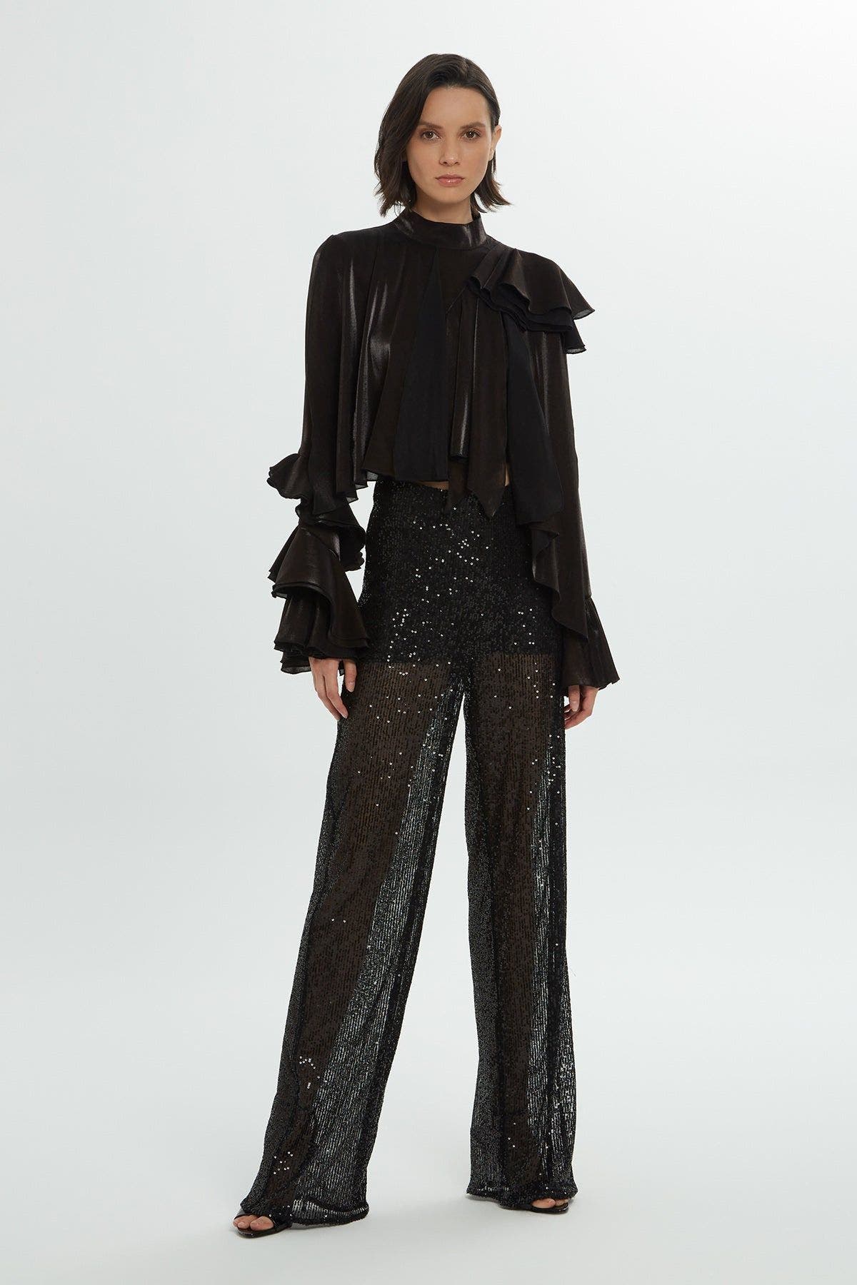 Gizia Side Zipper Sequin Wide Leg Black Trousers