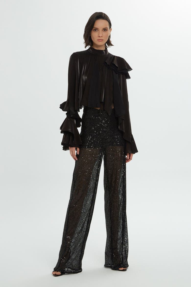 Sequin Side-Zip Black Statement Wide-Leg Trousers, Main, color, Black