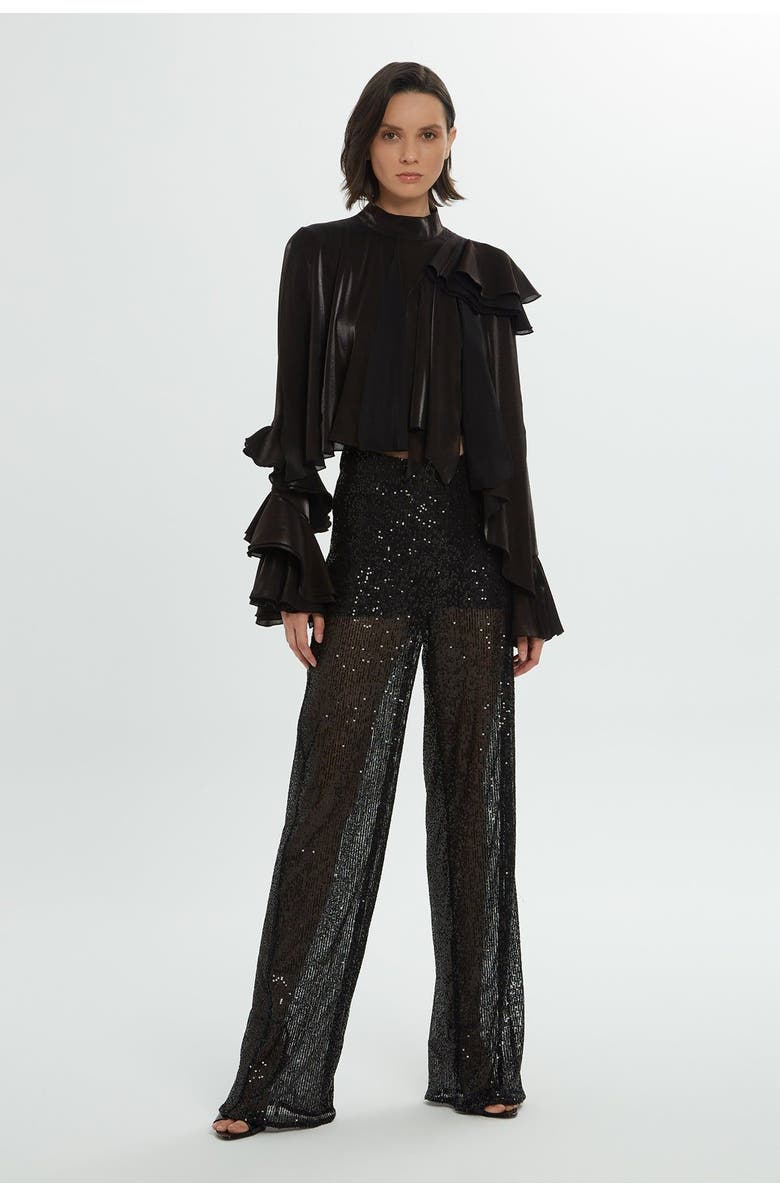 Gizia Side Zipper Sequin Wide Leg Black Trousers, Main, color, Black