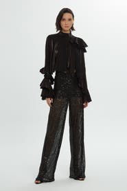 Gizia Sequin Side-Zip Black Statement Wide-Leg Trousers