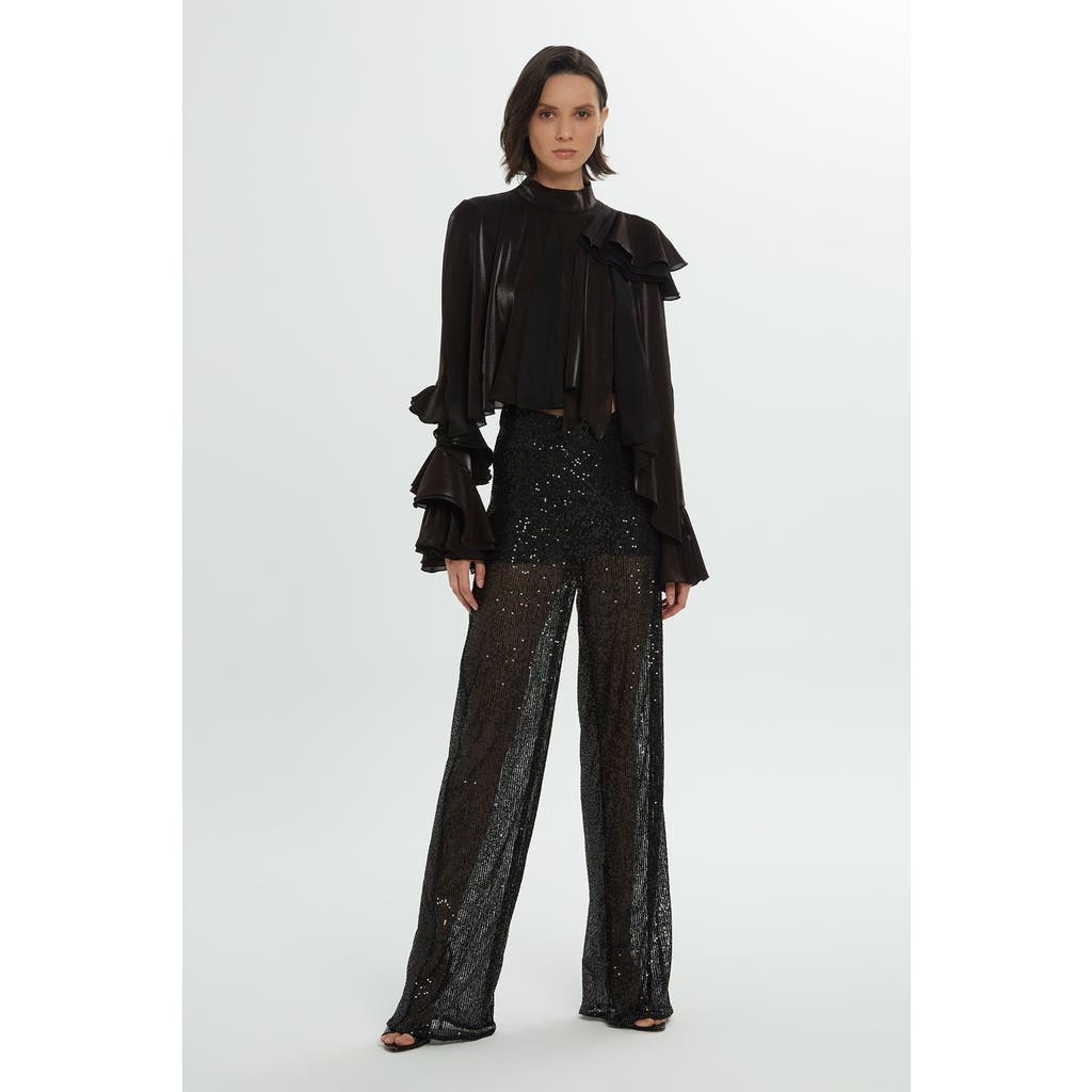 Gizia Side Zipper Sequin Wide Leg Black Trousers