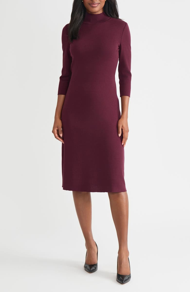 Misook Mock Neck A-Line Knit Midi Dress, Main, color, Sangria