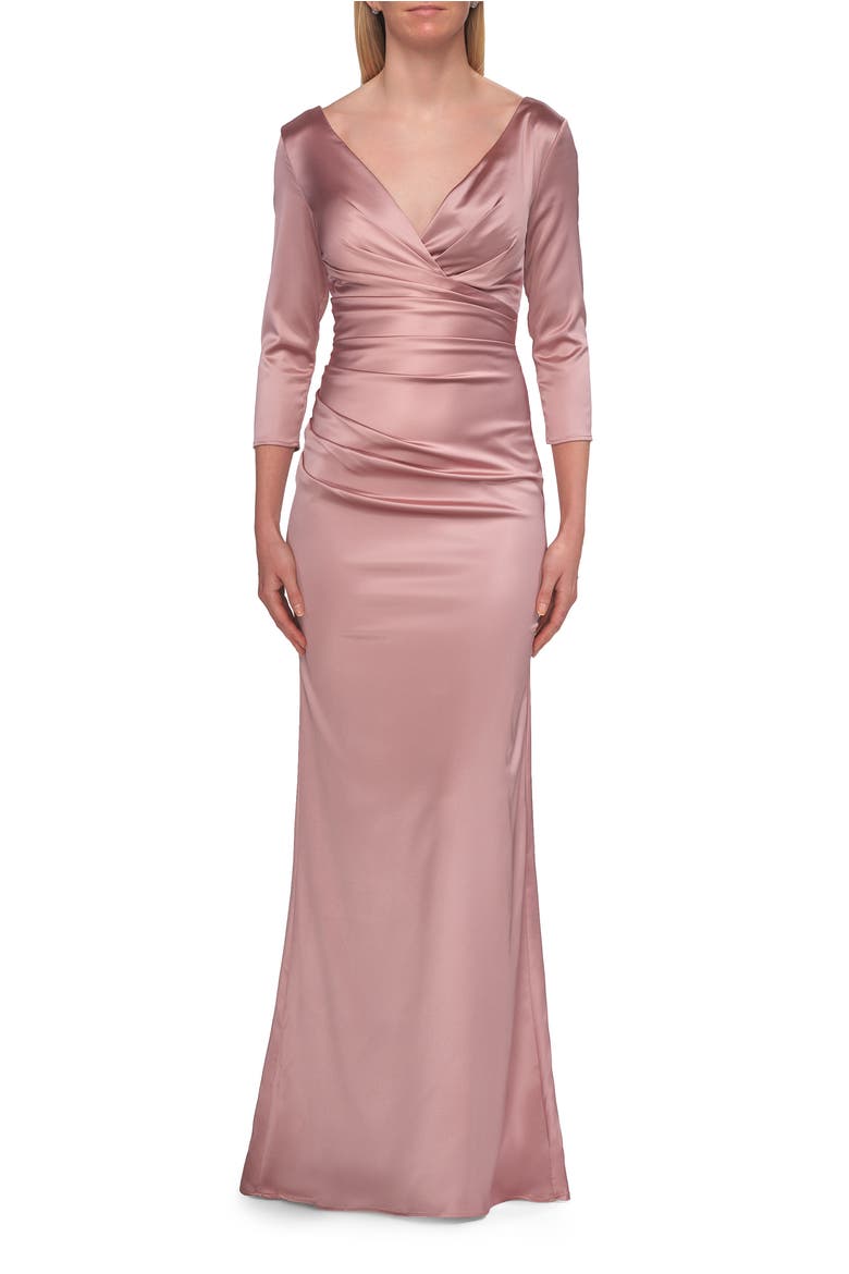 V-Neck Satin Gown with Ruched Bodice and Sleeves, Main, color, Mauve