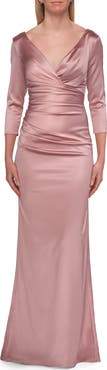 La Femme V-Neck Satin Gown with Ruched Bodice and Sleeves