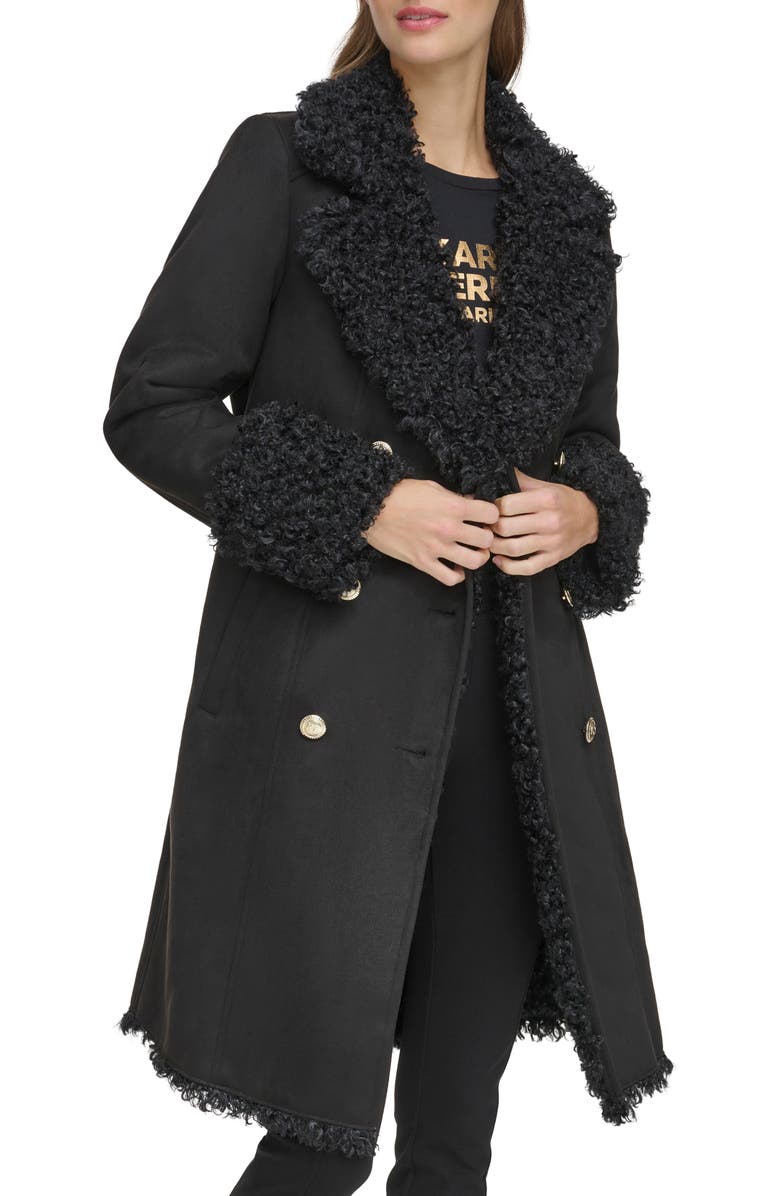 KARL LAGERFELD PARIS Faux Shearling Double Breasted Coat, Alternate, color, 
