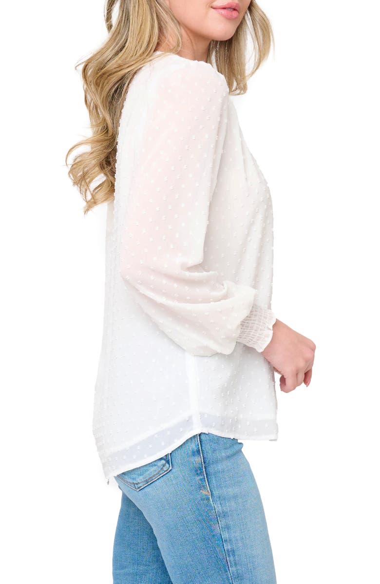 GIBSONLOOK Pin Dot Smocked Detail V-Neck Blouse, Alternate, color, White