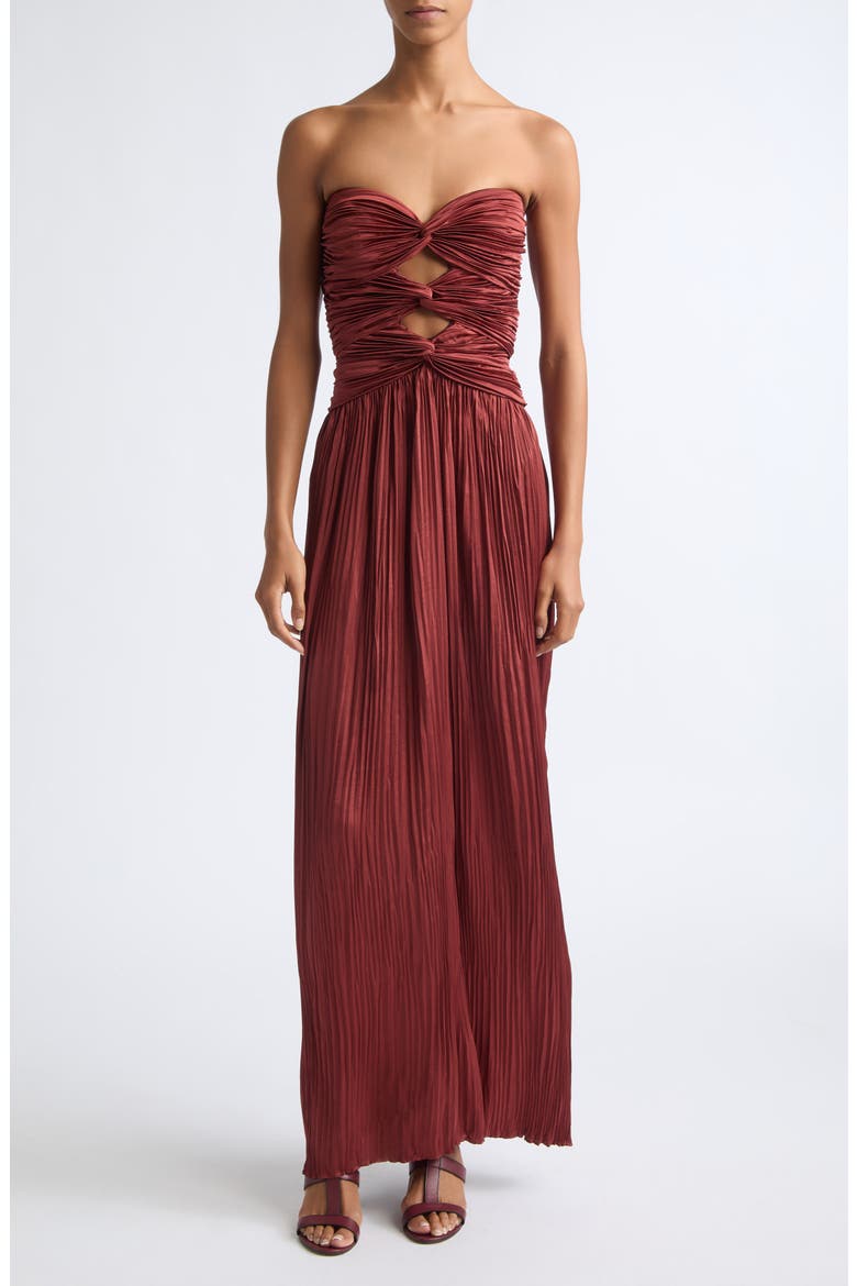 Brynn Strapless Pleated Cutout Maxi Gown, Main, color, SANDALWOOD