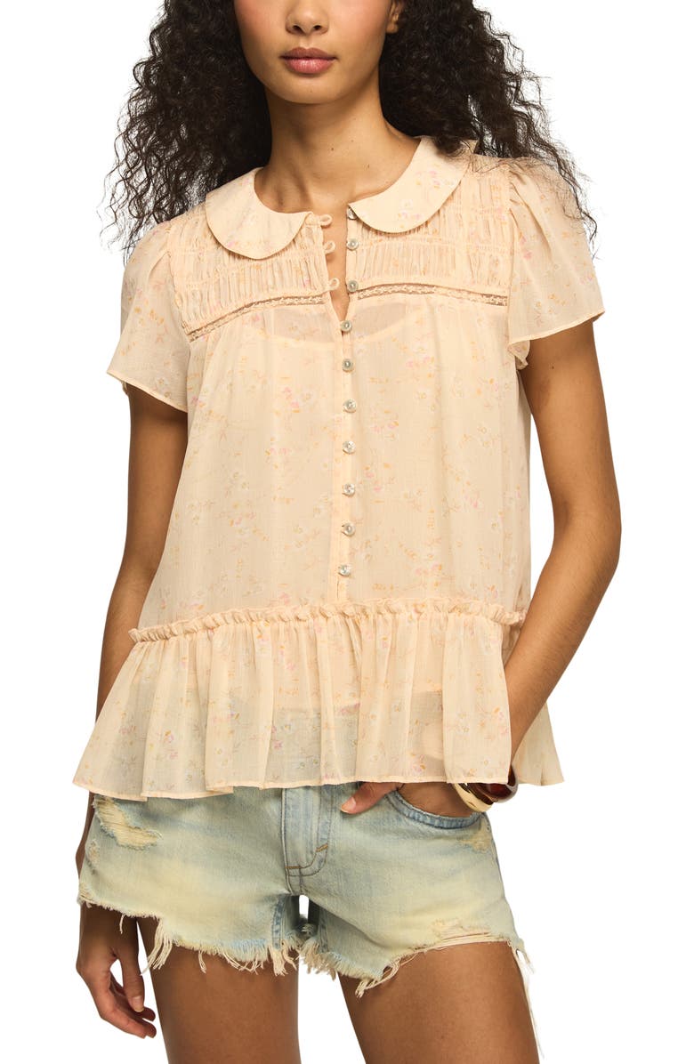 Lucky Brand Smocked Ruffle Hem Top, Main, color, Peach Floral