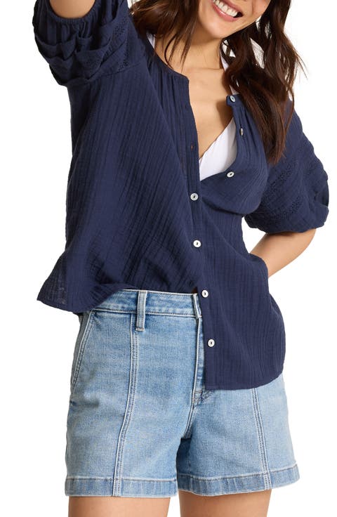 Lace Inset Cotton Gauze Button-Up Shirt