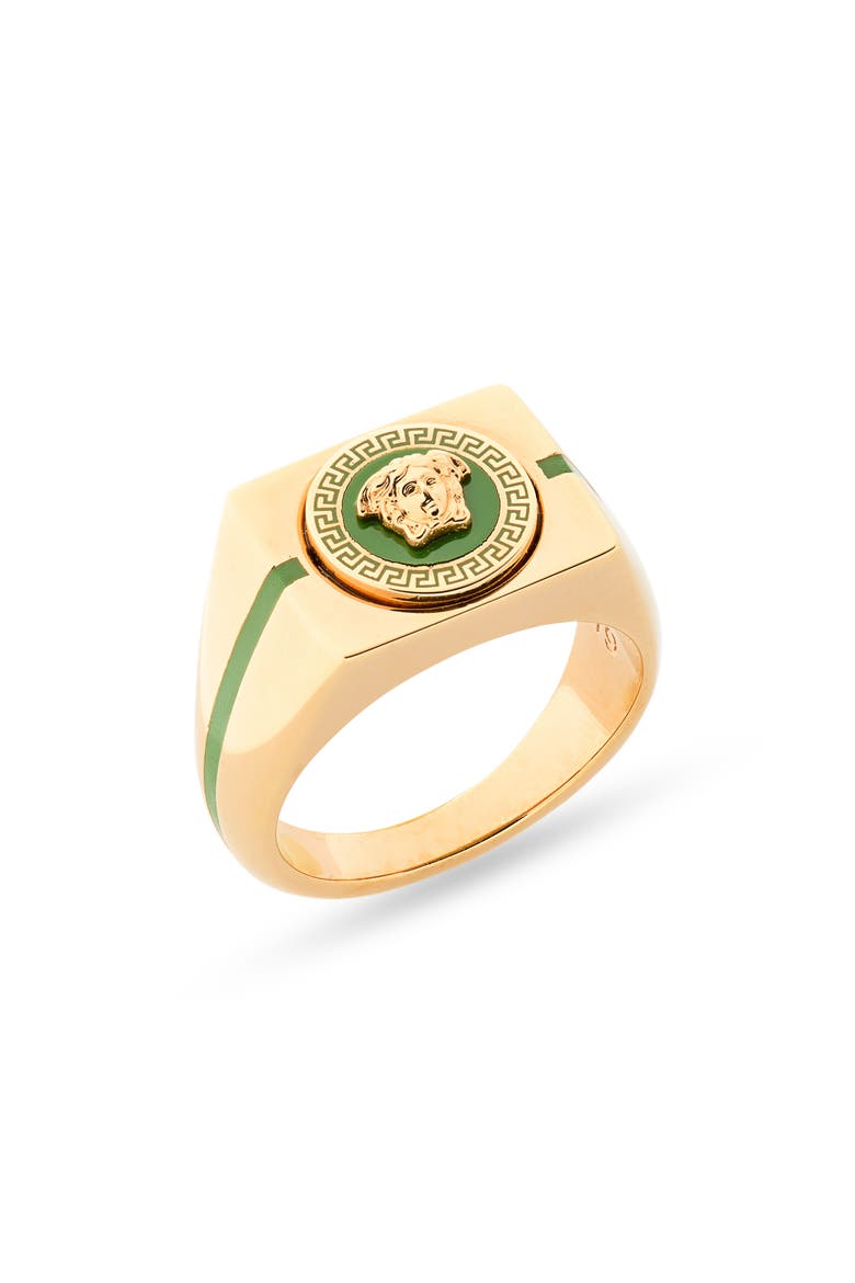 Men's Enamel Medusa Signet Ring, Main, color, VERSACE GOLD GREEN GRASS
