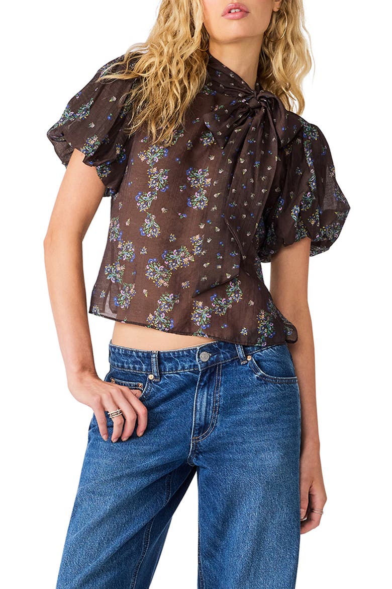 Lolanie Tie Neck Puff Sleeve Top, Main, color, DARK ESPRESSO
