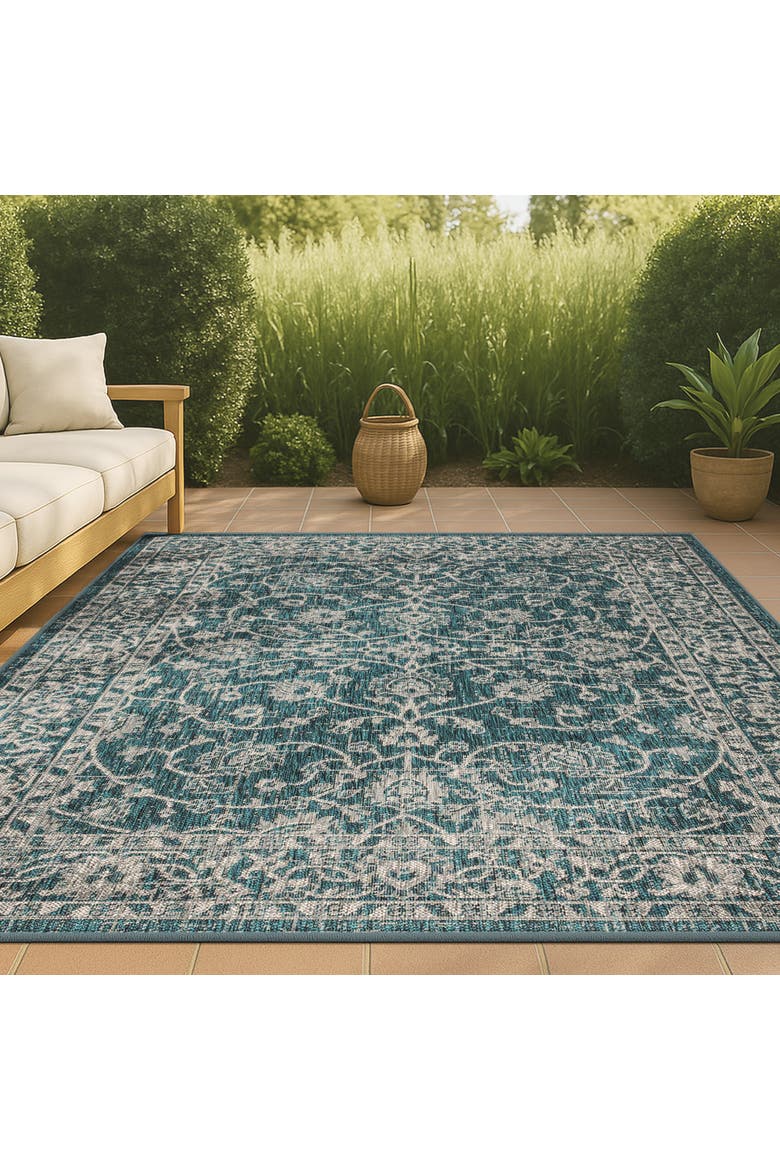 Palazzo Vine and Border Textured Weave Indoor/Outdoor Rug, Alternate, color, Teal/Gray