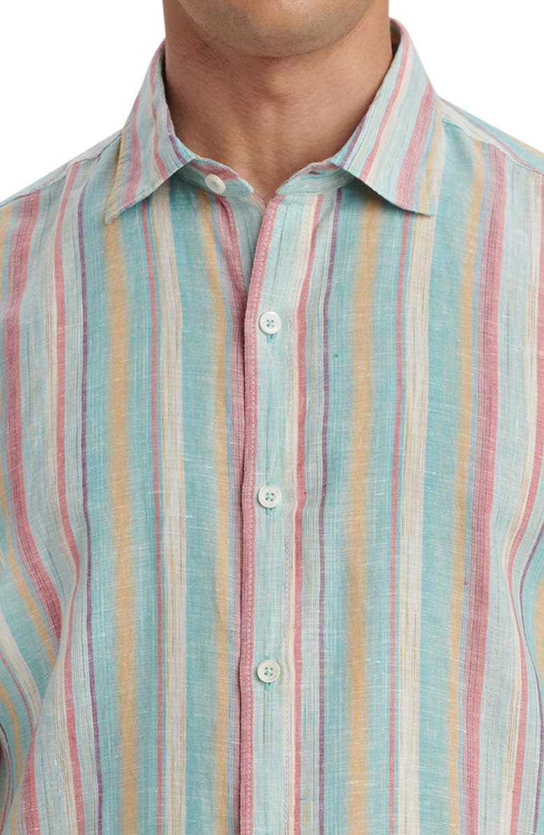 Bugatchi Orson Shaped Fit Stripe Short Sleeve Linen Button-Up Shirt, Alternate, color, Seafoam