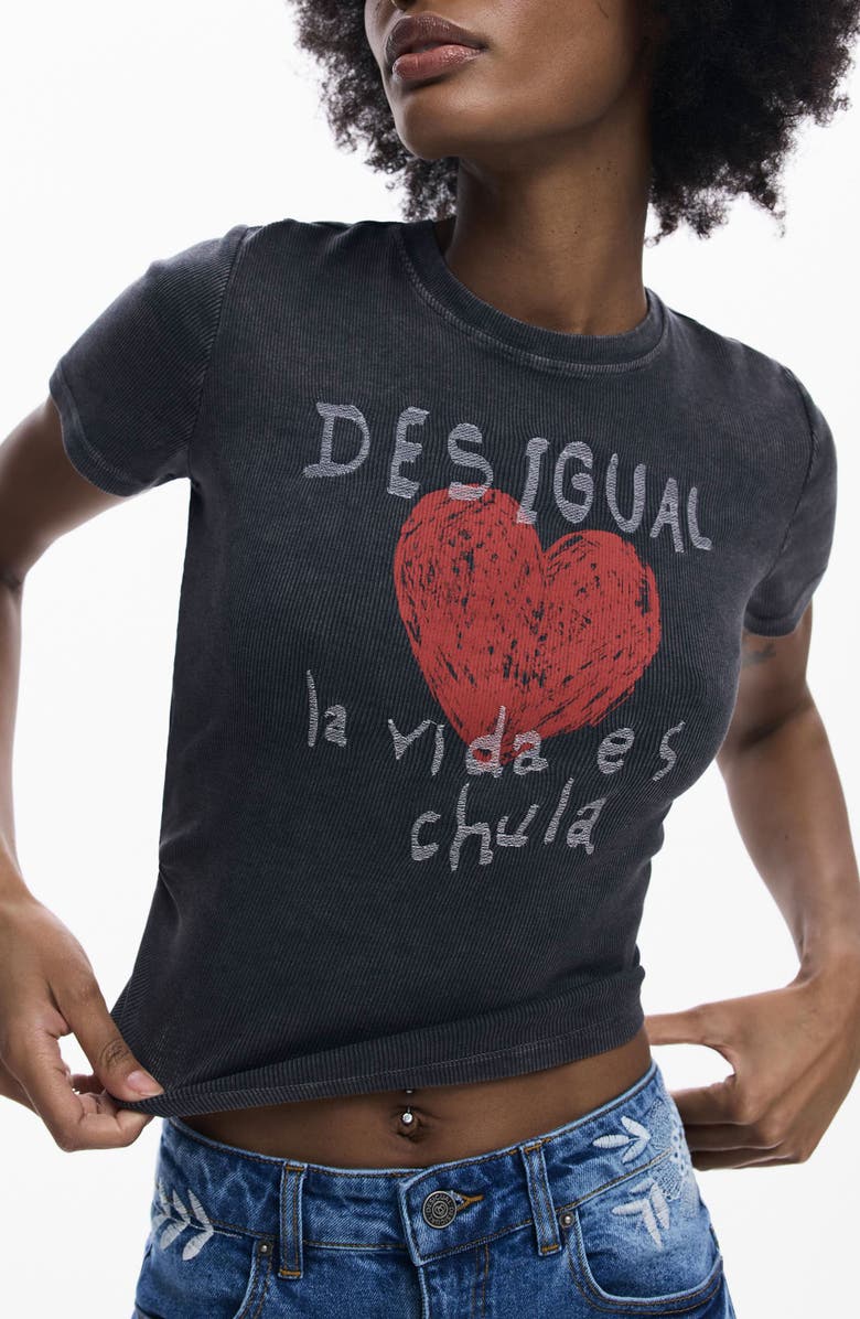 Desigual Heart Cotton Graphic T-Shirt, Alternate, color, Anthracite Gray