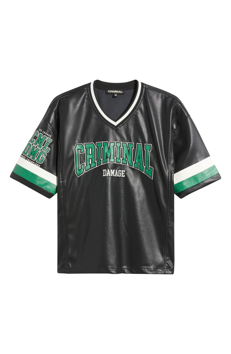 CRIMINAL DAMAGE Stadium Faux Leather Jersey, Alternate, color, Black/Green/White