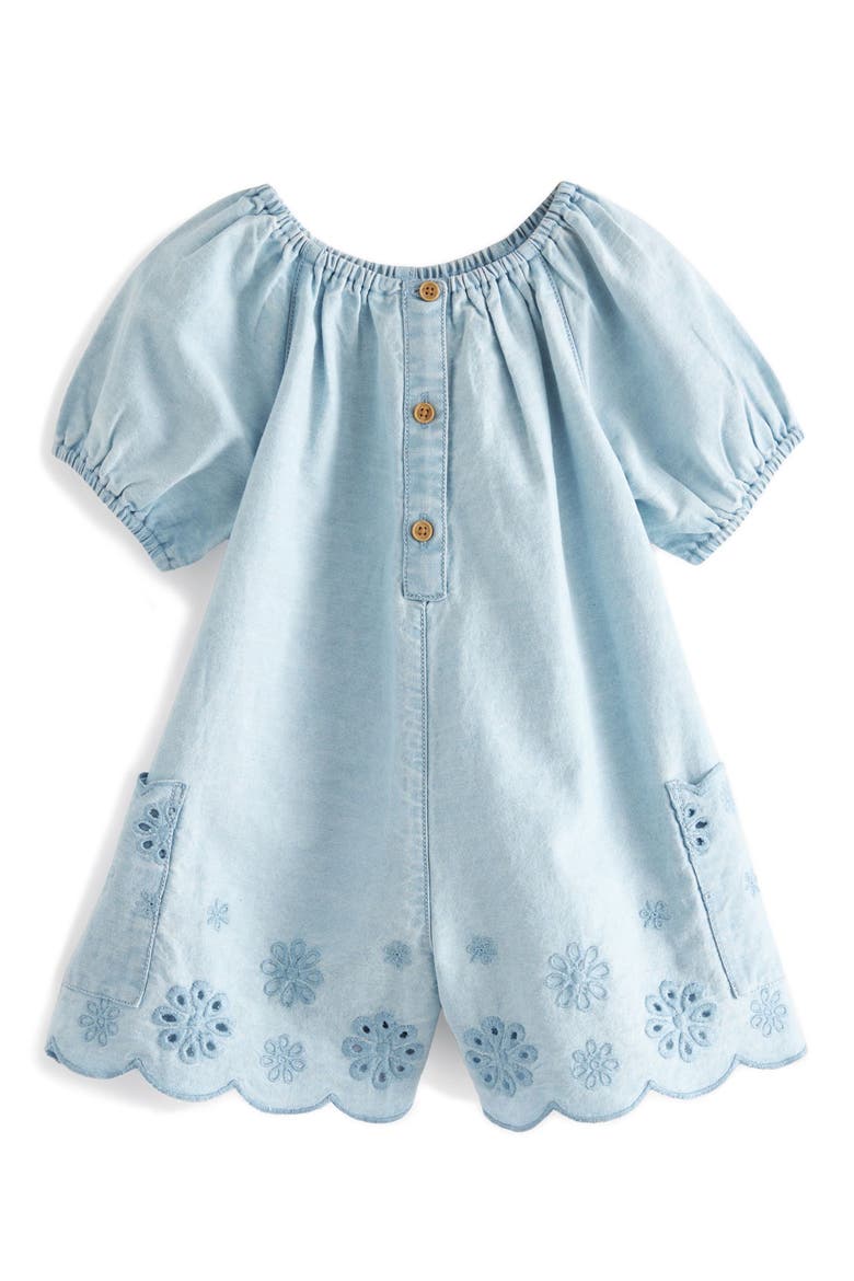 Kids' Eyelet Cotton Denim Romper, Main, color, BLUE DENIM