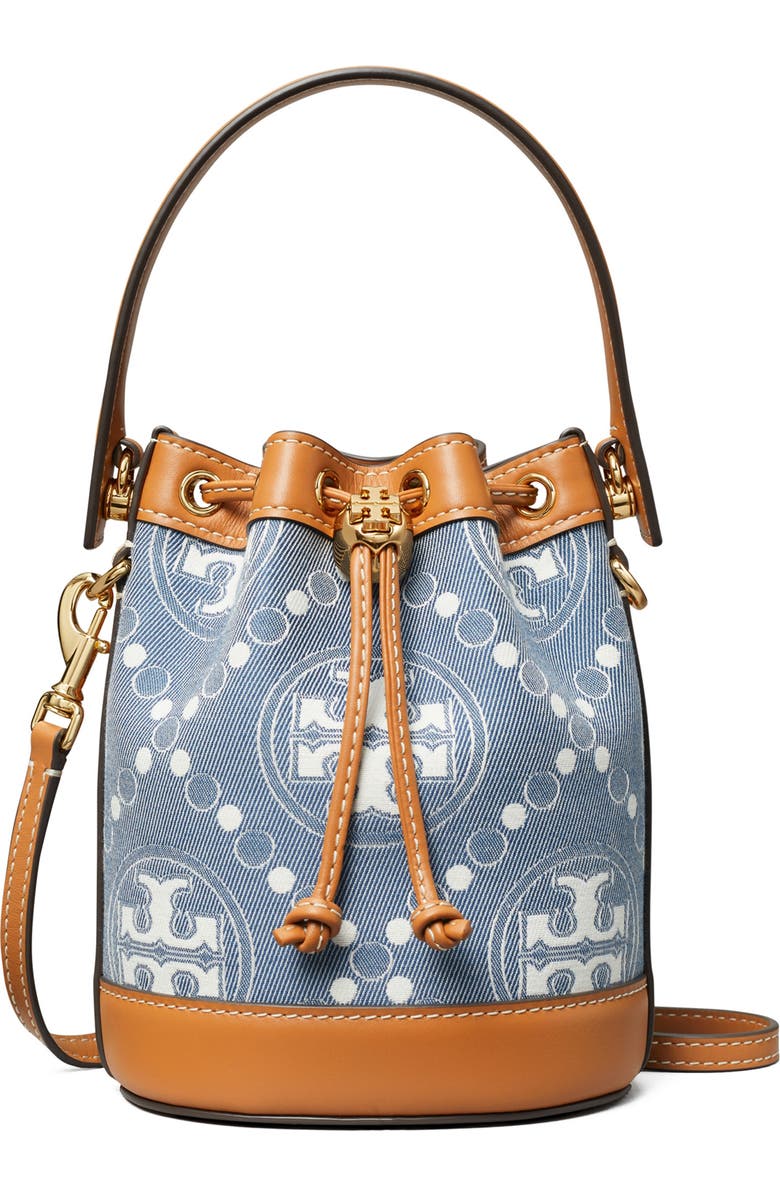 Tory Burch Mini T-Monogram Denim Bucket Bag, Main, color,