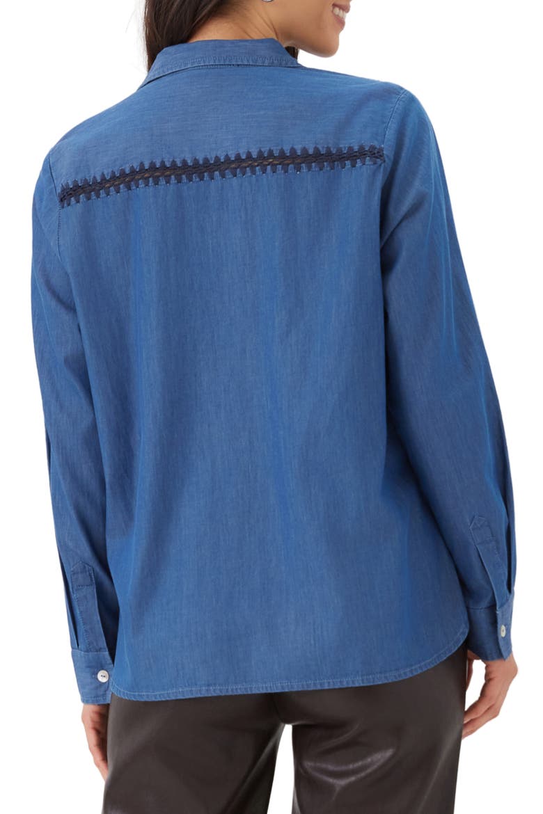 Crochet Trim Cotton Button Up Shirt, Alternate, color, DENIM