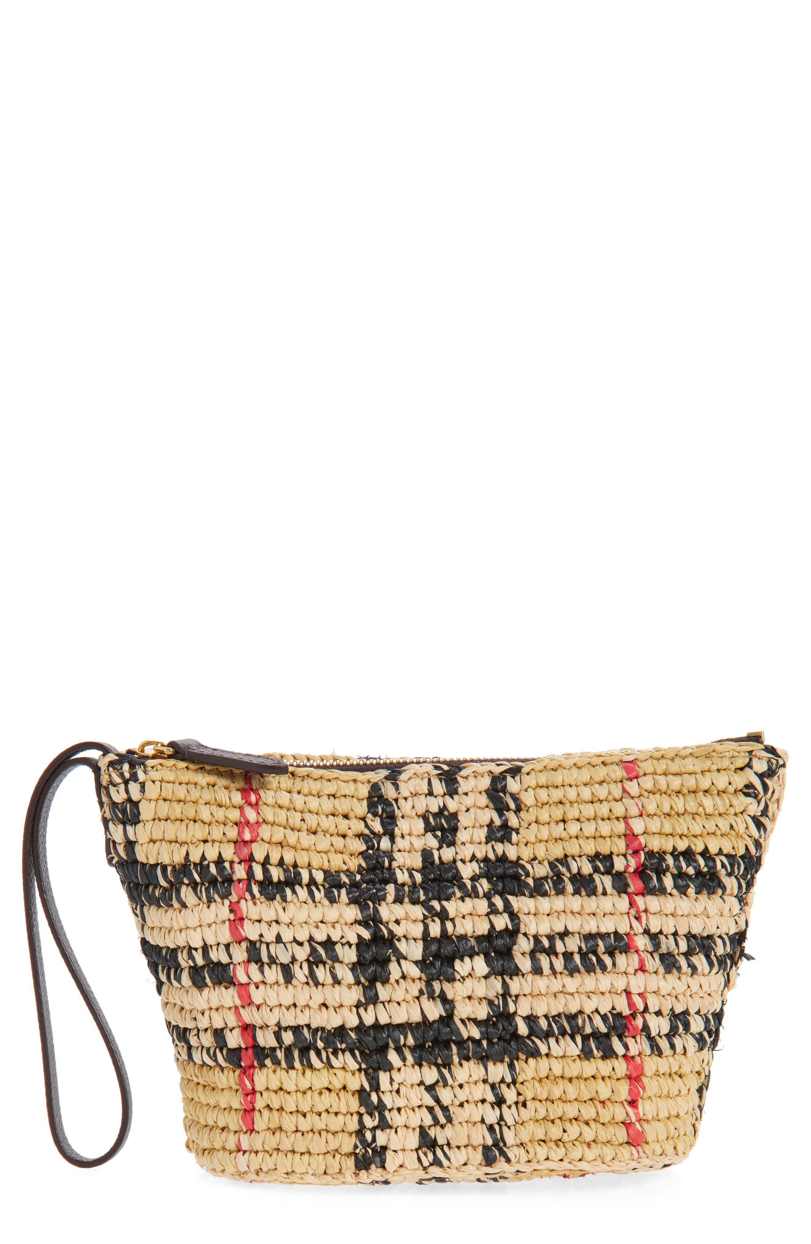 Burberry Margate Check Raffia Pouch, Main, color, Sand