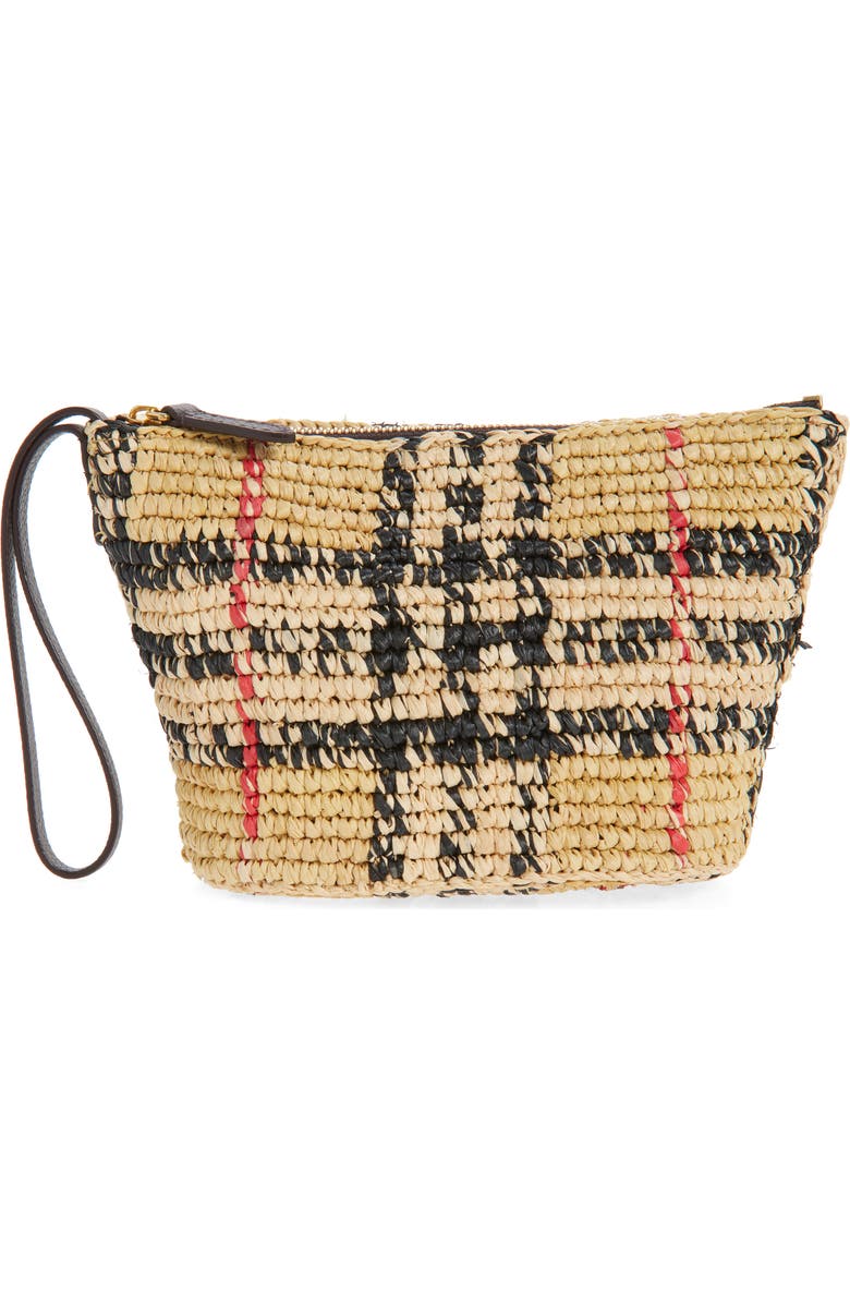 Burberry Margate Check Raffia Pouch, Main, color, Sand