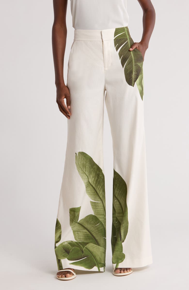 Alice + Olivia Dylan Placed Palm Leaf Print Wide Leg Linen Blend Pants, Main, color, 