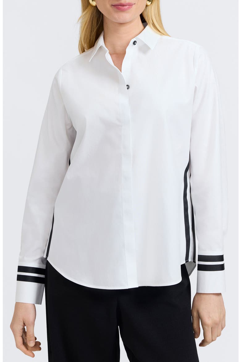 Brooke Grosgrain Trim Cotton Button-Up Shirt, Main, color, WHITE