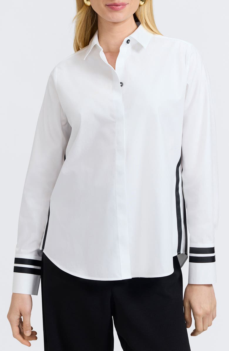 Foxcroft Brooke Grosgrain Trim Cotton Button-Up Shirt, Main, color, White
