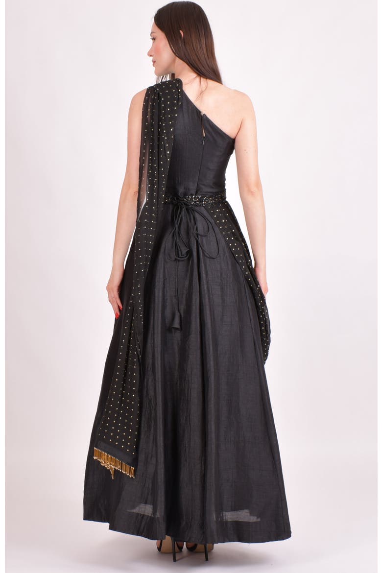 Oni One Shoulder Embroidered Saree Gown, Alternate, color, Black