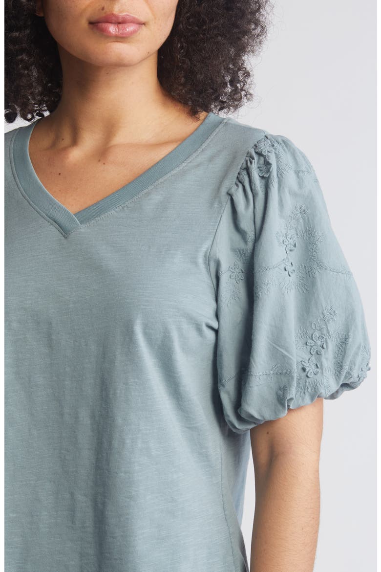Embroidered Puff Sleeve V-Neck Top, Alternate, color, DUSTY SLATE