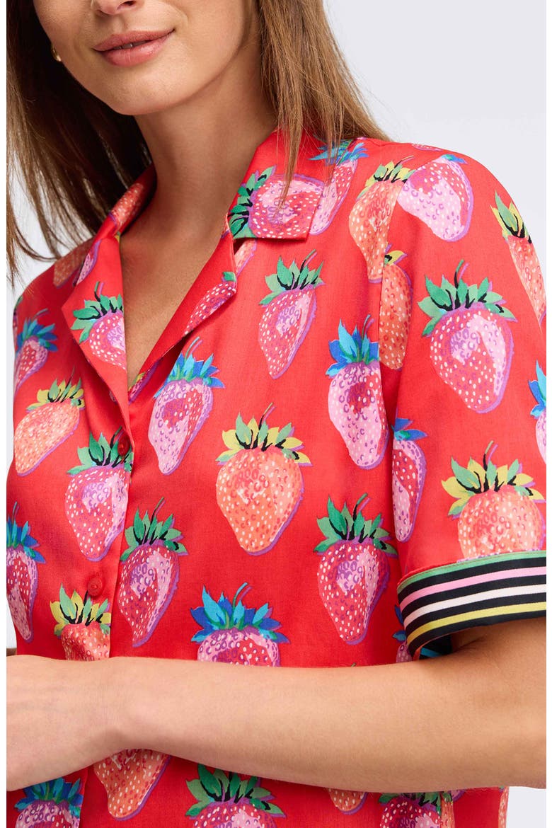 Quinn Strawberry Print Elbow Sleeve Cotton Button-Up Shirt, Alternate, color, RED/ MULTI