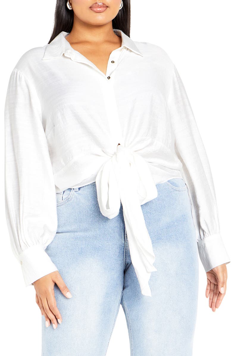 City Chic Rosabella Tie Hem Button-Up Shirt, Main, color, 