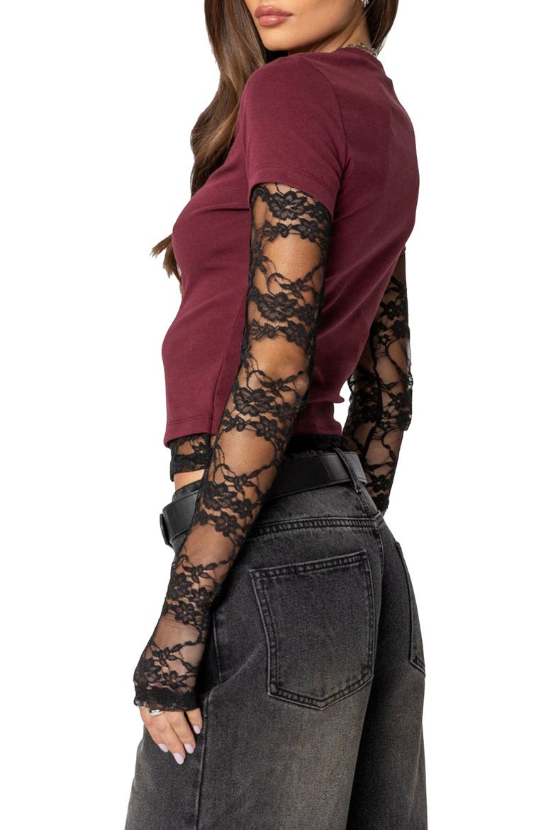 Layered Lace Sleeve T-Shirt, Alternate, color, BURGUNDY