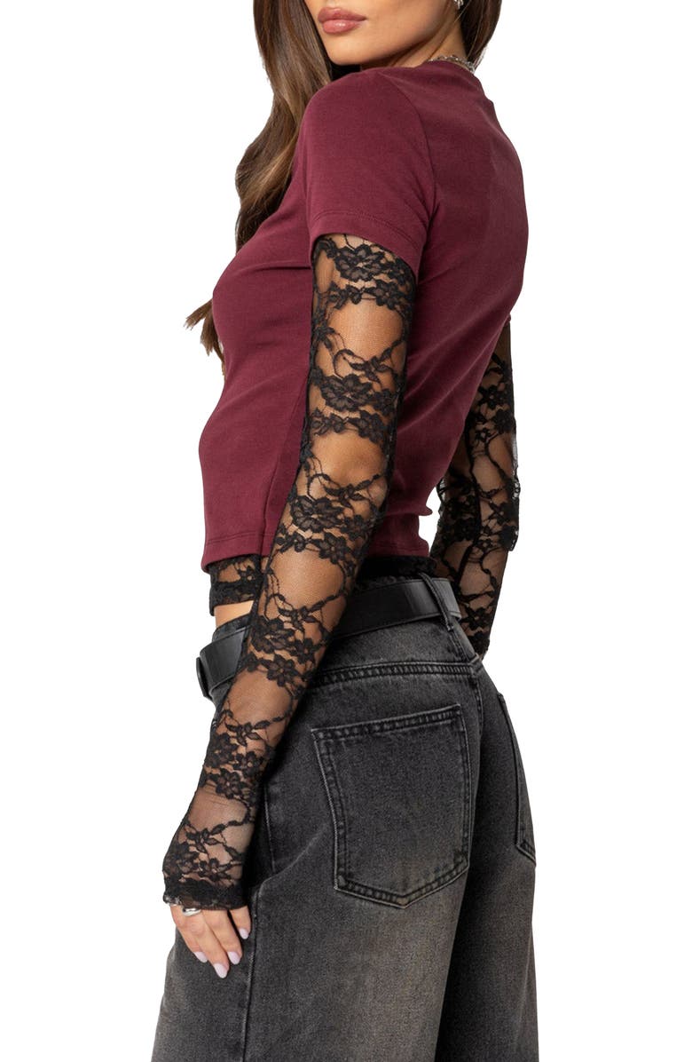 EDIKTED Layered Lace Sleeve T-Shirt, Alternate, color, Burgundy