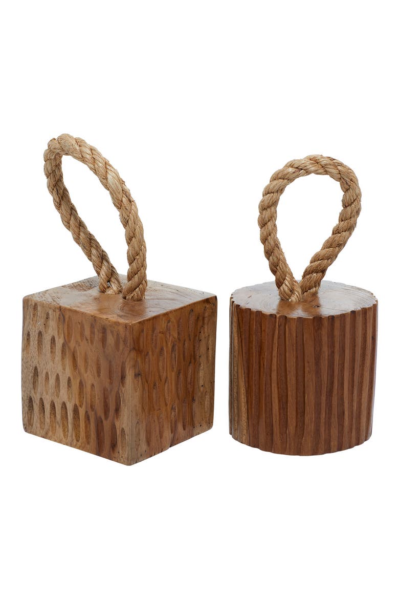 Brown Teakwood Handmade Door Stopper Geometric Sculpture with Rope Accent - Set of 2, Main, color, BROWN