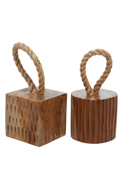 Brown Teakwood Handmade Door Stopper Geometric Sculpture with Rope Accent - Set of 2