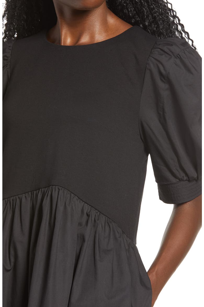 Mixed Media Puff Sleeve Dress, Alternate, color, BLACK