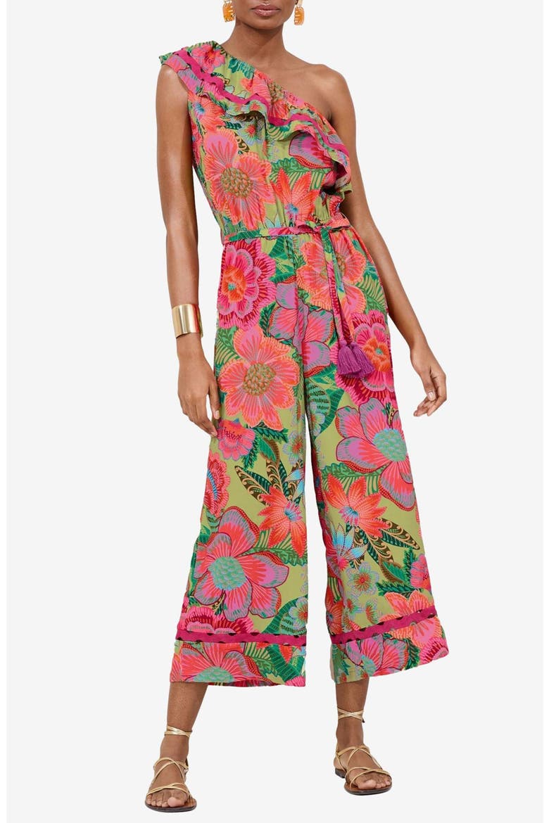 Floral Print One Shoulder Crop Jumpsuit, Main, color, GREEN
